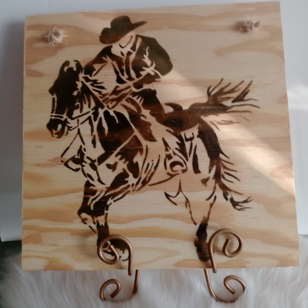 Handmade Rustic Cowboy Riding Horse Wall Art Decor Burnished Wood New